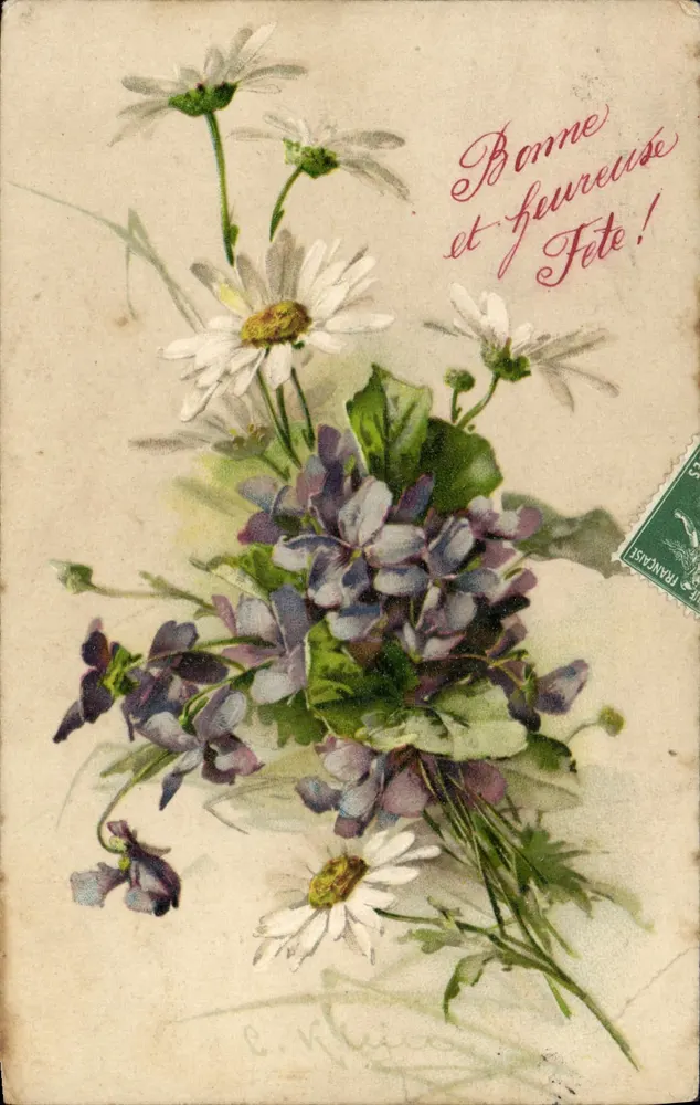 Arranjo de margaridas e violetas — Boa e feliz Festa! — Editor não identificado, n° de série não visível - Frente