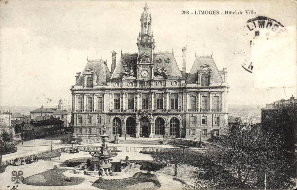Limoges - Stadhuis — uitzicht op het gebouw met fontein — uitgever MT, nr. 208 - Voorkant