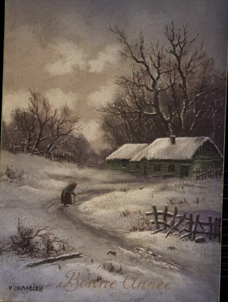 Paysage hivernal — femme au chemin — V. Chladec — éditeur Lepogravure n°1012 - Recto