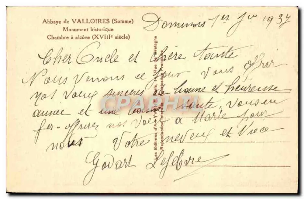 Zimmer mit Alkoven — Abtei Valloires (Somme) — Editions d'Art Yves Lefebvre - Rückseite