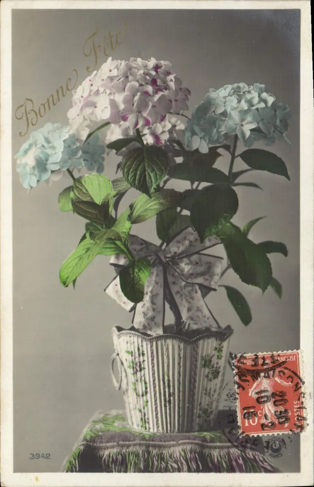 Hydrangeen — Frohe Geburtstagskarte — Unbekannter Verlag, Seriennummer 3942 - Vorderseite