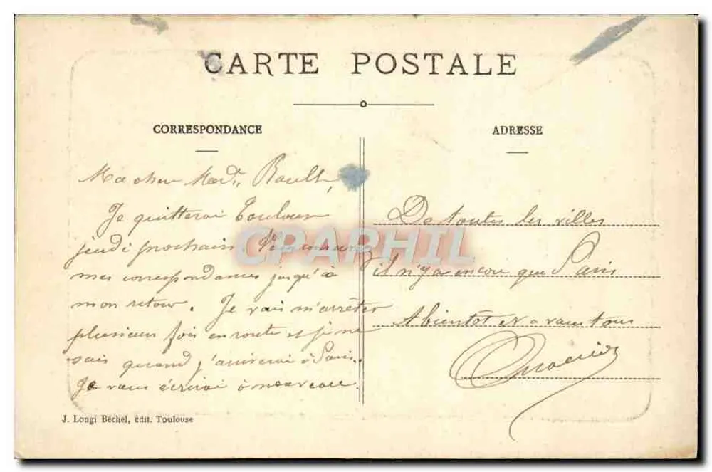 Toulouse — Torre do Capitólio — J. Longi Béchel, editor Toulouse, n° 222 - Verso