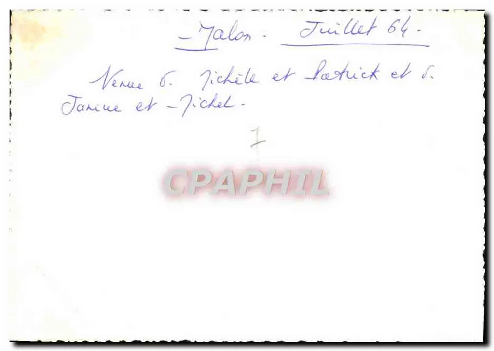 Família e amigos no jardim em Galon — Julho 1964 — inscrição à mão - Verso