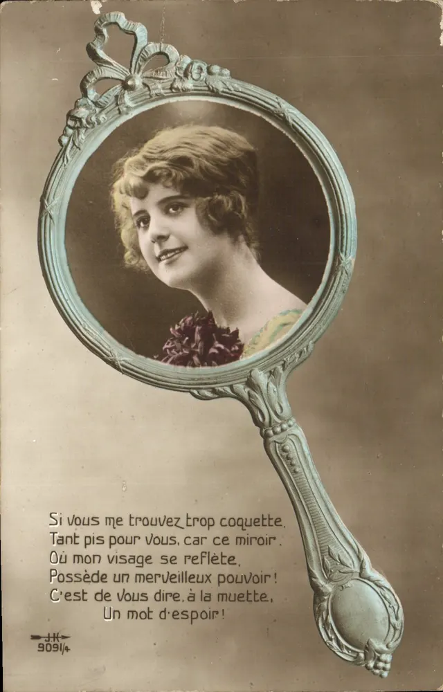Jeune femme — portrait dans un miroir à main — éditeur JK, n° 9091/4 - Recto