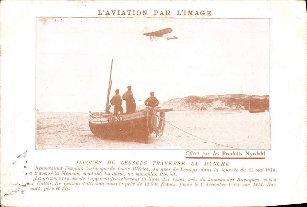 Jacques de Lesseps atravessa a Manche — feito do dia 21 de maio de 1910 — oferecida pelos Produtos Nyrdahl - Frente