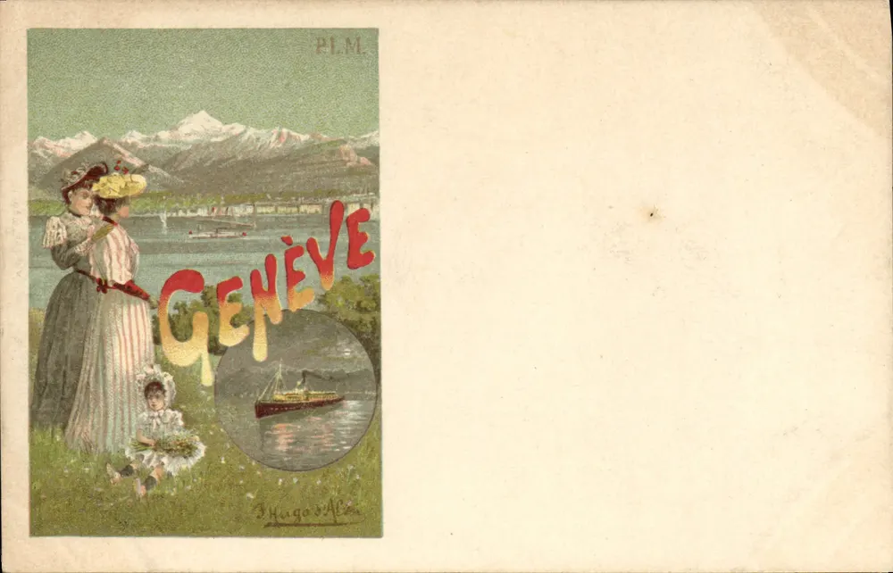 Genève — vue du lac avec montagnes en arrière-plan — éditeur S. Hugo & Albin, PLM - Recto