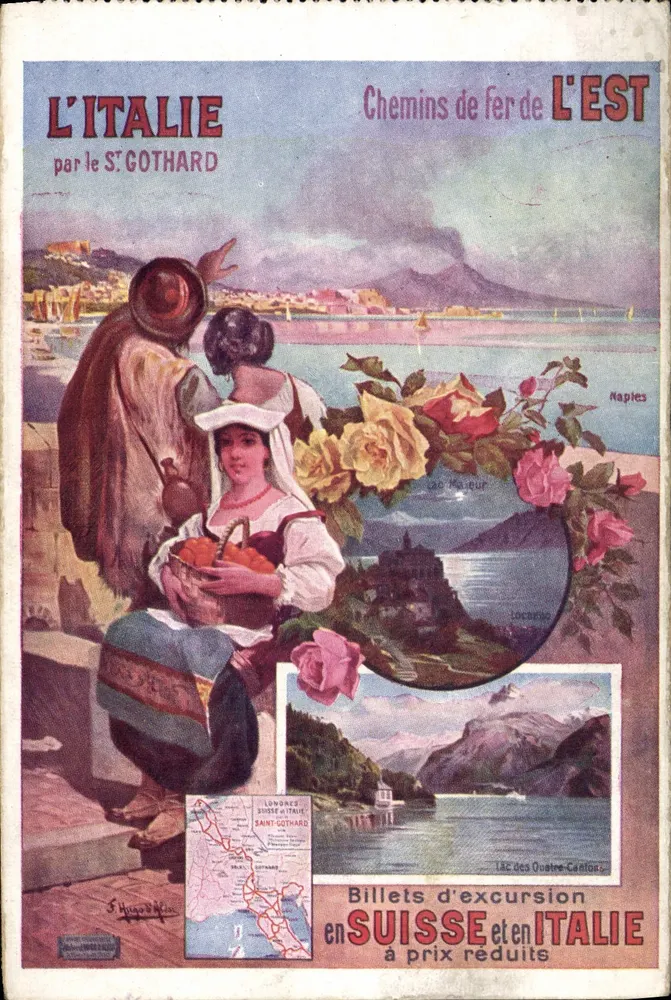 Italia e Svizzera — vista di Napoli e lago dei Quattro Cantoni — Ferrovie Orientali, editore Hugo & Cie, numero di serie non visibile - Recto