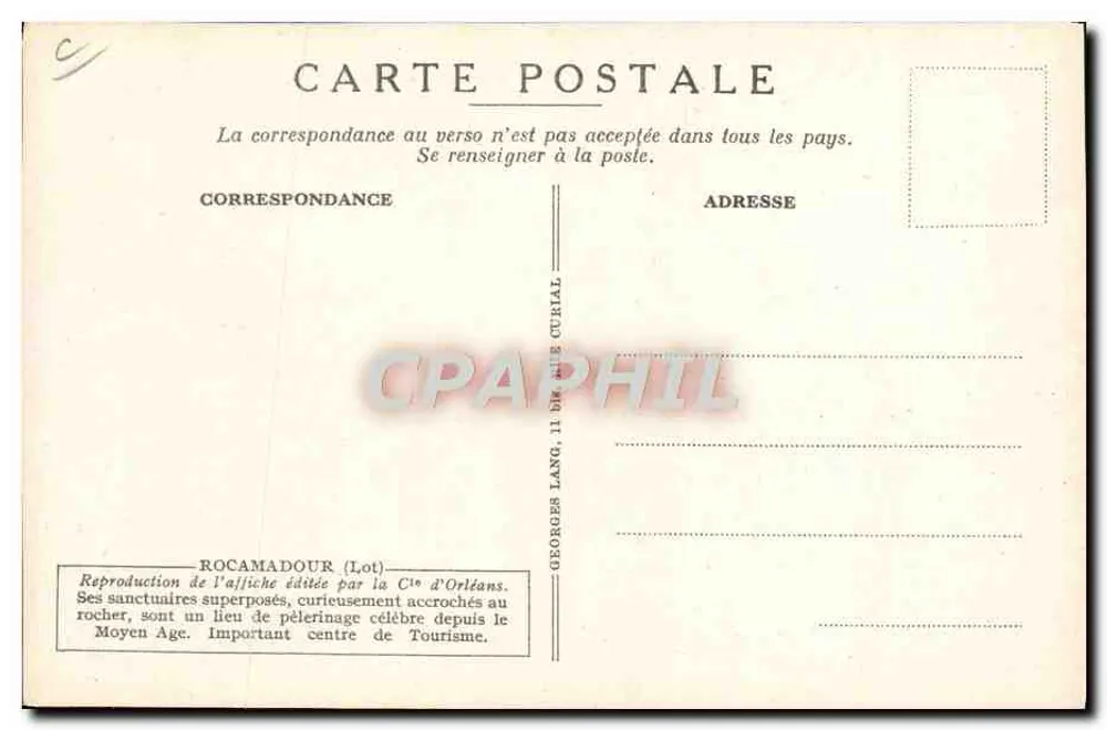 Rocamadour — Lotto — Centro dei circuiti automobilistici — riproduzione di affiche della Cie d'Orléans - Verso