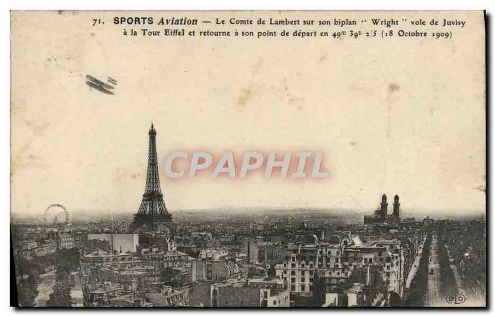 Paris — Vue aérienne de la Tour Eiffel avec biplan Wright — Éditeur E.P.D. n°71 - Vorderseite