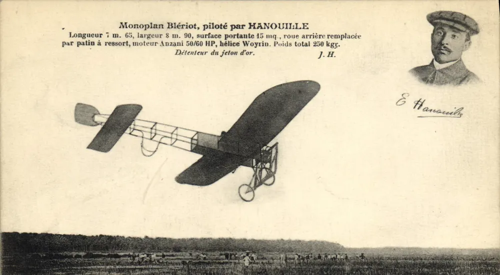 Monoplan Blériot pilotado por Hanouille — detalhes técnicos e retrato — J.H. - Frente