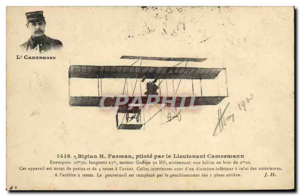 Biplan H. Farman — Geflogen von Lieutenant Camermann — Verlag J.H. - Vorderseite