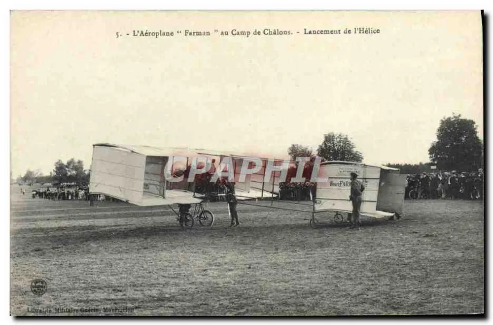 Das Flugzeug "Farman" am Camp de Châlons — Start des Propellers — Librairie Militaire Gérôme, Montreuil - Vorderseite