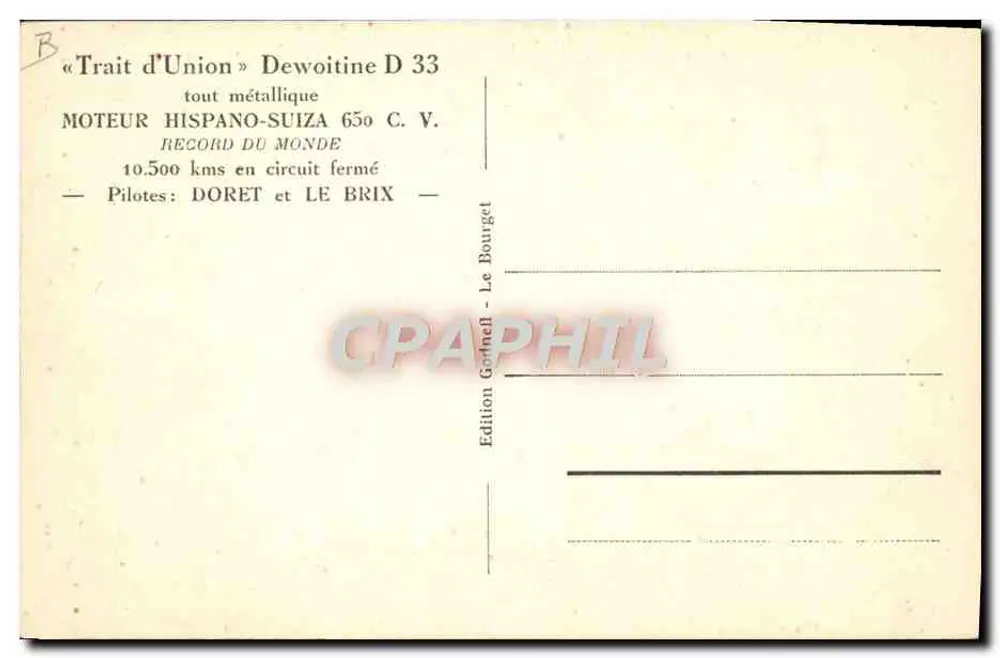 Avião de record « TRAIT d'UNION » Dewoitine D 33 — Cliché Tito - Verso
