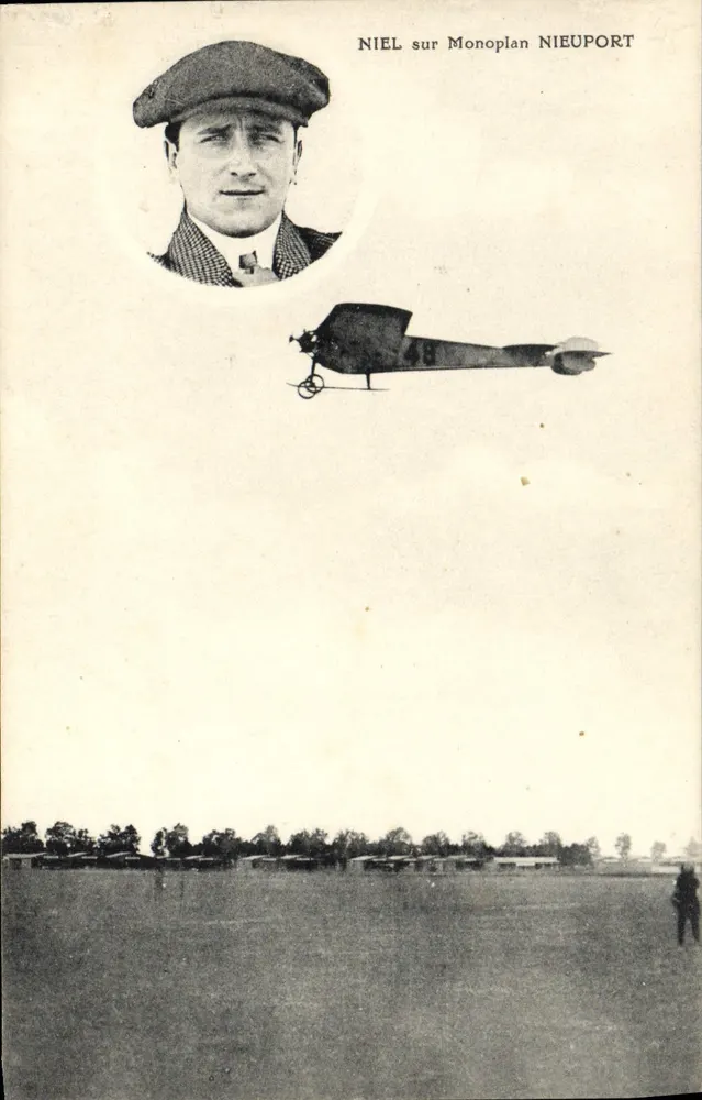 Pilot Niel auf Nieuport-Monoplan — illustrierte Ansichtskarte - Vorderseite