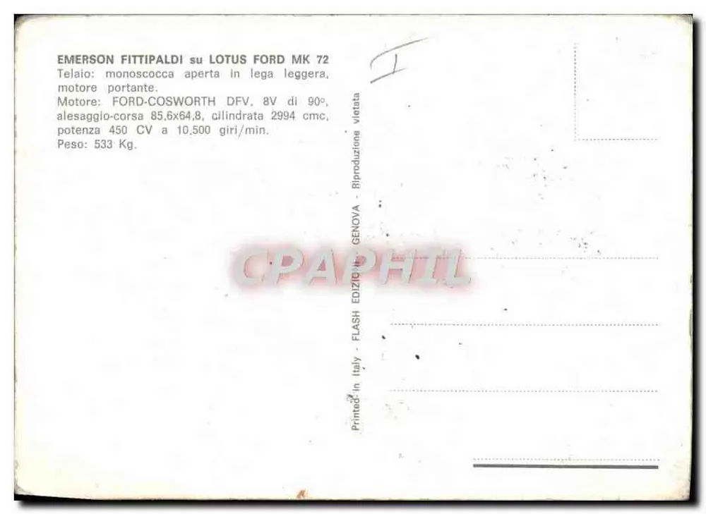 Emerson Fittipaldi — Lotus Ford MK 72 — Flash Edizioni, Gênova - Rückseite