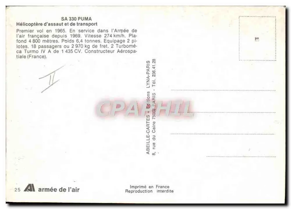 Hubschrauber SA 330 PUMA — Luftwaffe — Editions ABELLE-CARTES - Rückseite
