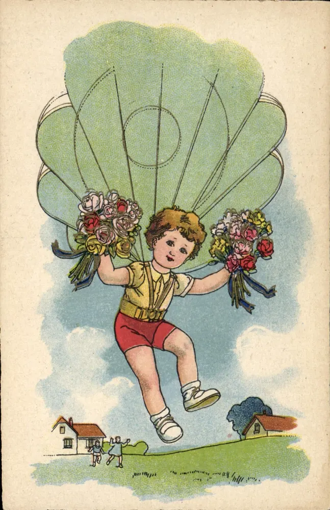 Kind im Fallschirm — hält zwei Blumensträuße — Nr. 901/4 - Vorderseite