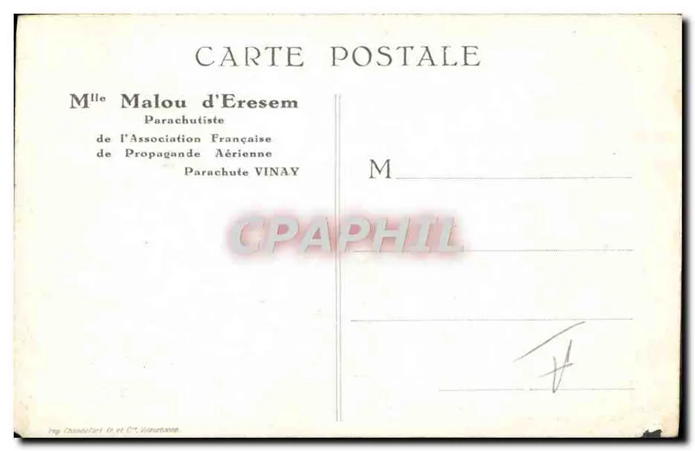 Mlle Malou d'Eresem — Paraquedista da Associação Francesa de Propaganda Aérea — Impr. Chandefort Fr. et Cie, Vincennes - Verso
