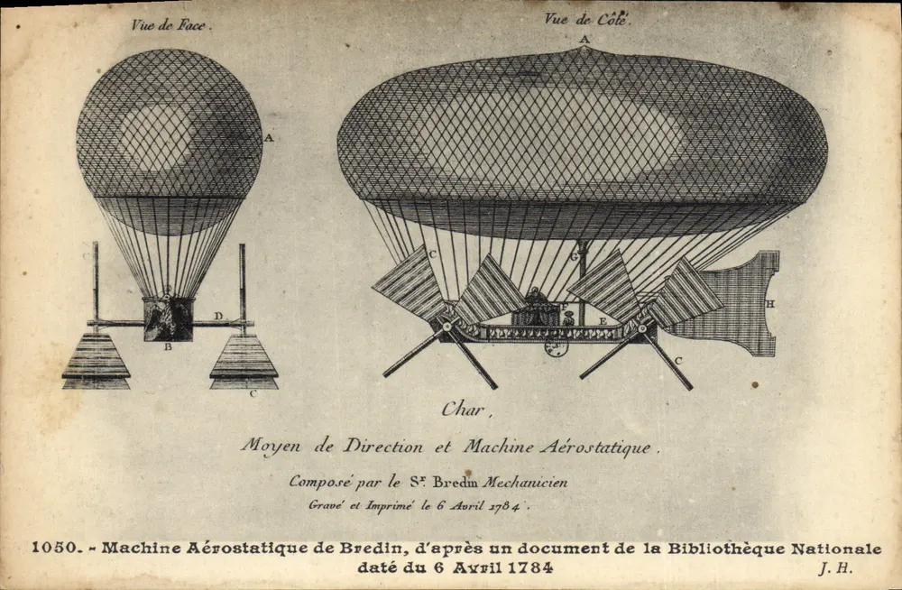 Aerostat-Maschine von Bredin — Frontansicht und Seitenansicht — Verlag J.H. - Vorderseite
