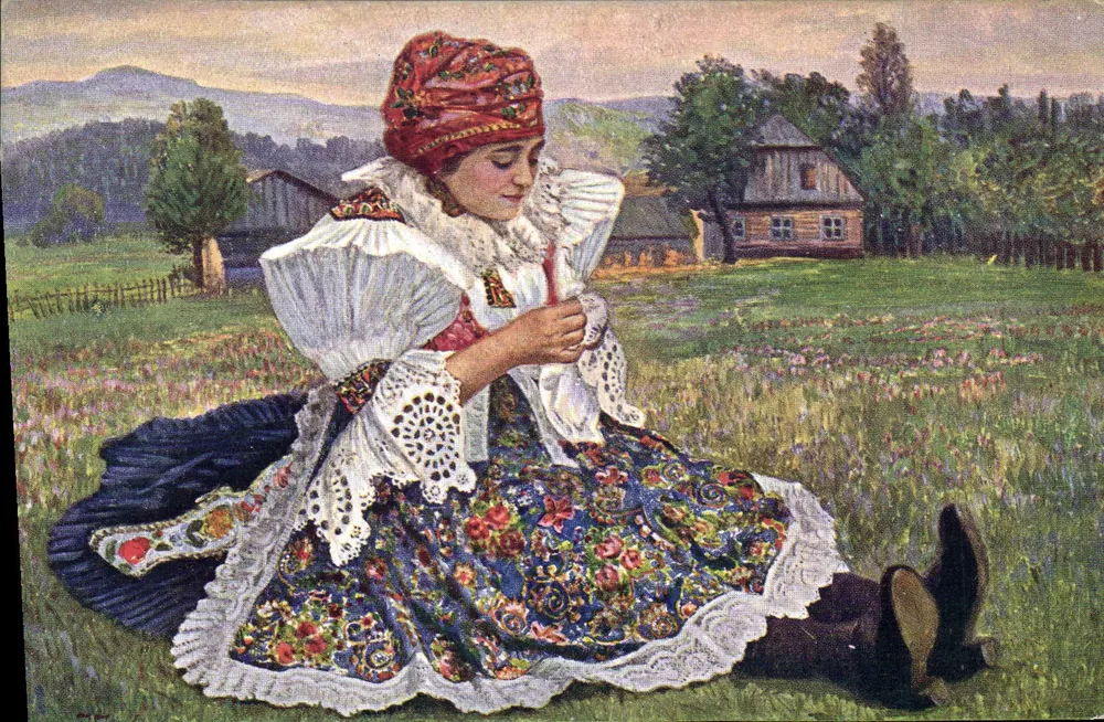Mädchen in traditionellem Kleid — ländlicher Landschaft — Verlag Minerva, Serie 582-6 - Vorderseite