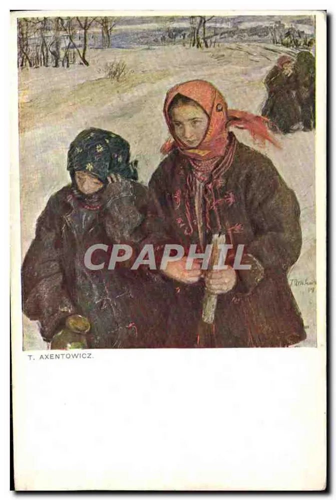 Duas jovens no inverno — pintura de T. Axentowicz — editor NAKŁADOWNICTWO ZASTRZEŻONE, n° 397 - Frente
