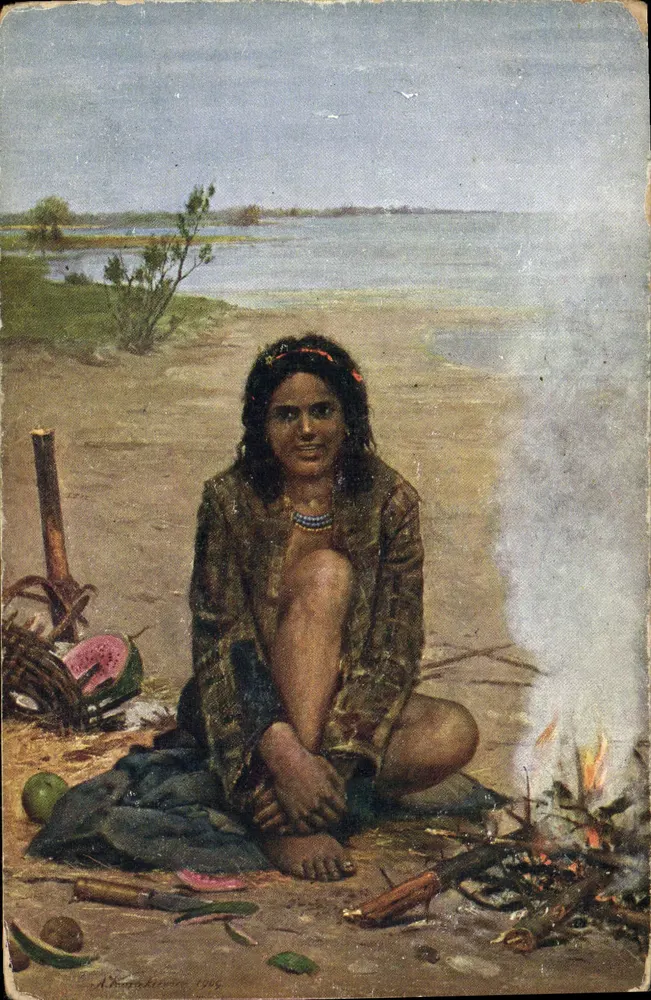 Mulher indígena perto de uma fogueira — pintura — A. Kozakiewicz, No. 31 - Frente