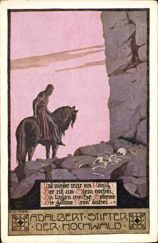 Roi et squelette — scène de la légende de Stifter — éditeur E. Wutzer, série Stifter-Karte Nr. 14 - Recto