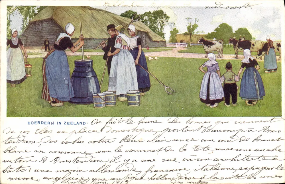 Hof in Zeeland — ländliches Panorama mit Frauen in traditioneller Kleidung — W. de Haan, Utrecht, Serie C.4 Dess. - Vorderseite