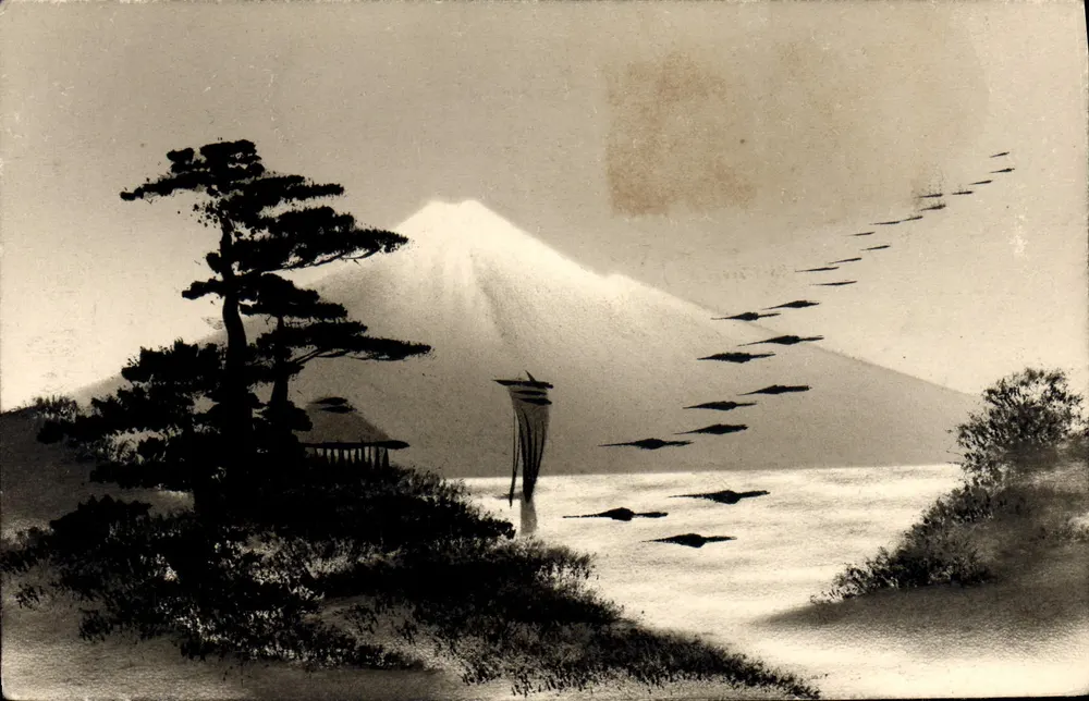 Monte Fuji — paisagem com pinheiro e aves em voo — editor não identificado - Frente