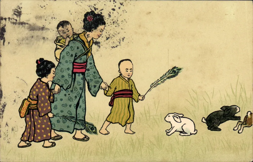 Japanische Familie mit Kindern und Hasen — M. M. Vienne, Nr. 193 - Vorderseite