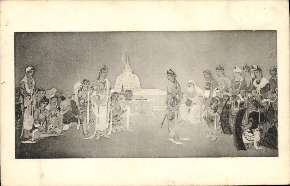बौद्ध धार्मिक दृश्य — एक स्तूप और प्रार्थना करते व्यक्तियों के चित्रण — एडिटर अज्ञात, श्रृंखला संख्या अदृश्य - आगे