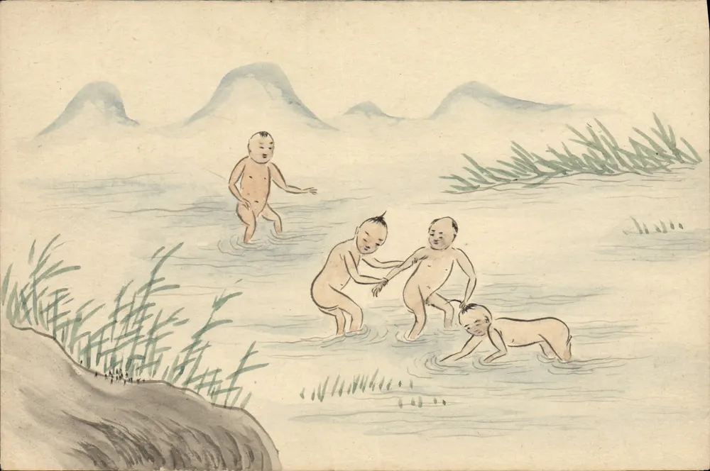 Kinder, die im Wasser spielen — Berglandschaft — chinesische Karte mit Antwortgebühr, herausgegeben von der imperialen chinesischen Post - Vorderseite