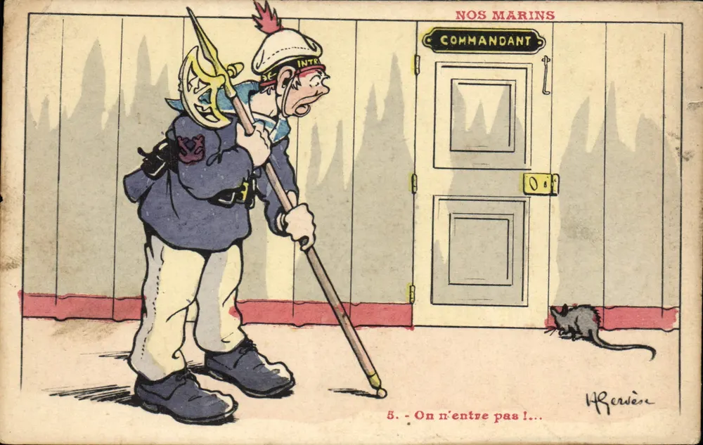 Unsere Matrosen — Karikatur eines Matrosen mit einer Ratte vor der Tür des 'Commandants' — H. Rervière - Vorderseite