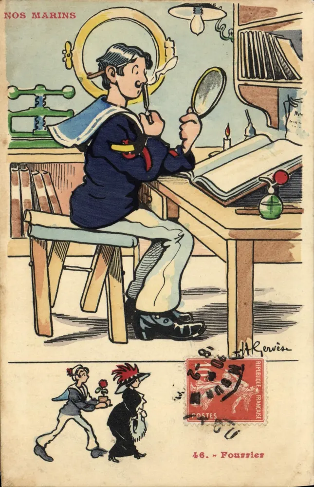 Unsere Matrosen — Karikatur eines Matrosen in Uniform, der unter Kerzenschein liest — Verlag Fournier, Nr. 46 - Vorderseite