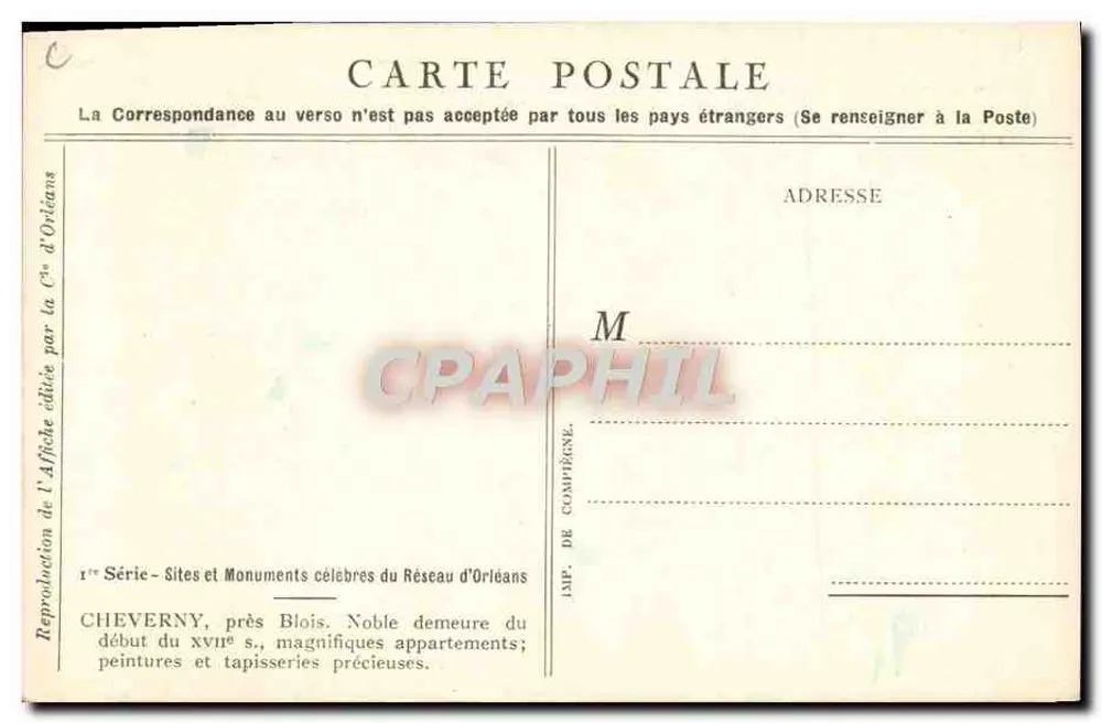 Cheverny — Schlösser der Loire — Ausgabe der Compagnie du Chemin de Fer de Paris à Orléans - Rückseite