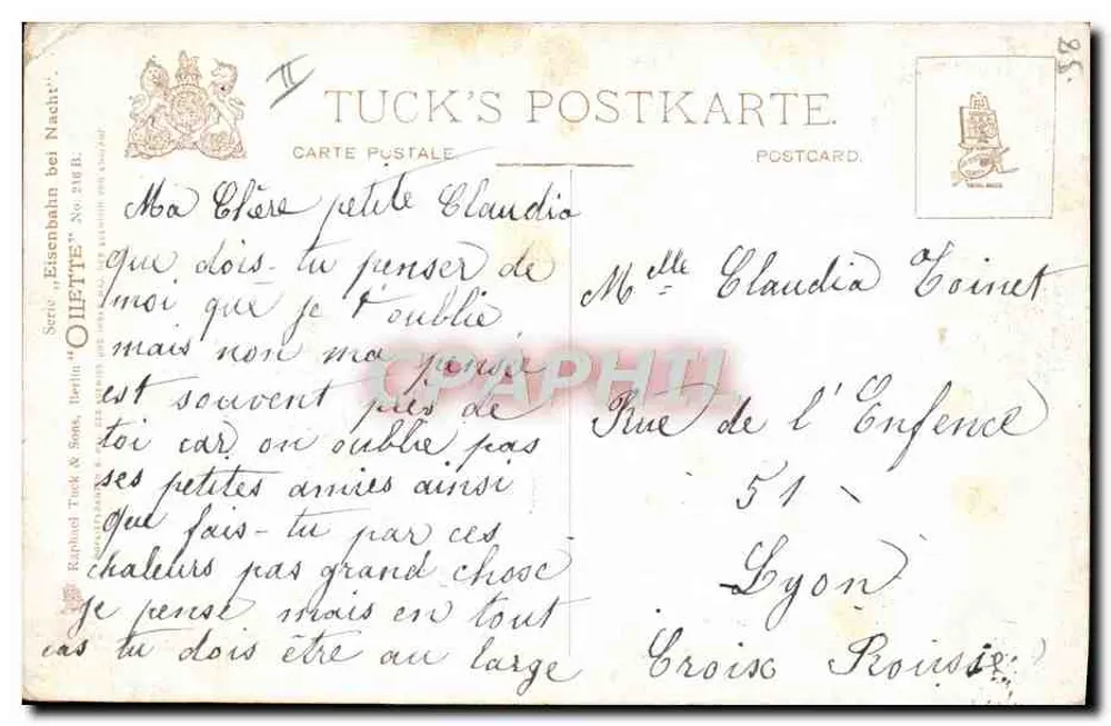 Train nocturne — scène de gare sous la lune — éditeur TUCK'S POSTKARTE, série 'OILLETTE' No 218.B - Verso