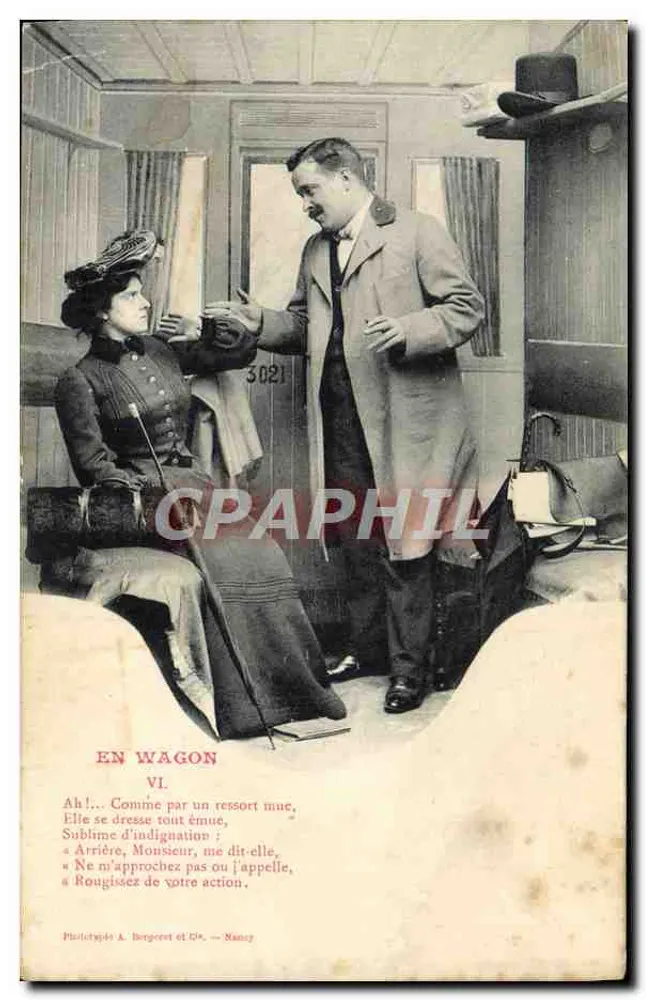 En wagon — scène de dialogue entre un homme et une femme — Phototypie A. Bergeret et Cie, Nancy - Frente