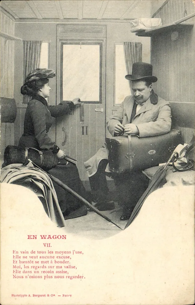 Em vagão — cena de casal em um vagão-leito — Fototype A. Bergeret & Cie — Nanny - Frente