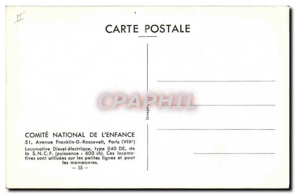 Locomotiva Diesel-elétrica — tipo 040 DE — S.N.C.F. — COMITÉ NATIONAL DE L'ENFANCE - Verso