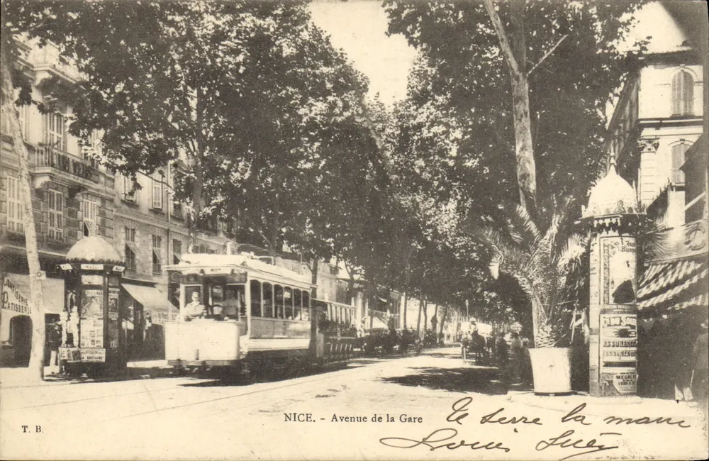 Nice - Aleja Gare — tramwaj i palmiery — T.B. - Awers