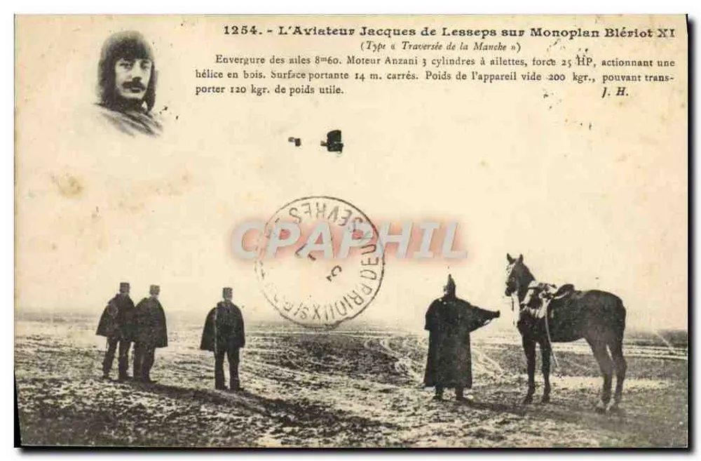 Der Flieger Jacques de Lesseps auf dem Monoplan Blériot XI — Typ « Überquerung des Ärmelkanals » — J. Hauser, Foto, Verlag. - Vorderseite