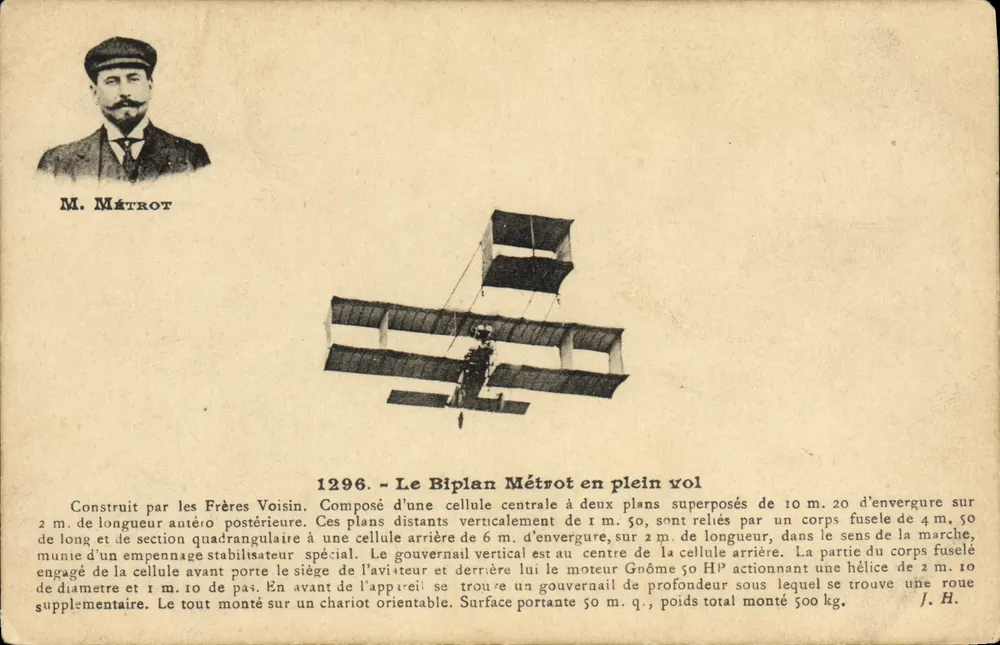 Le Biplan Métrot en plein vol — 1296 — J. Hauser, phot.-édit., Paris - Vorderseite