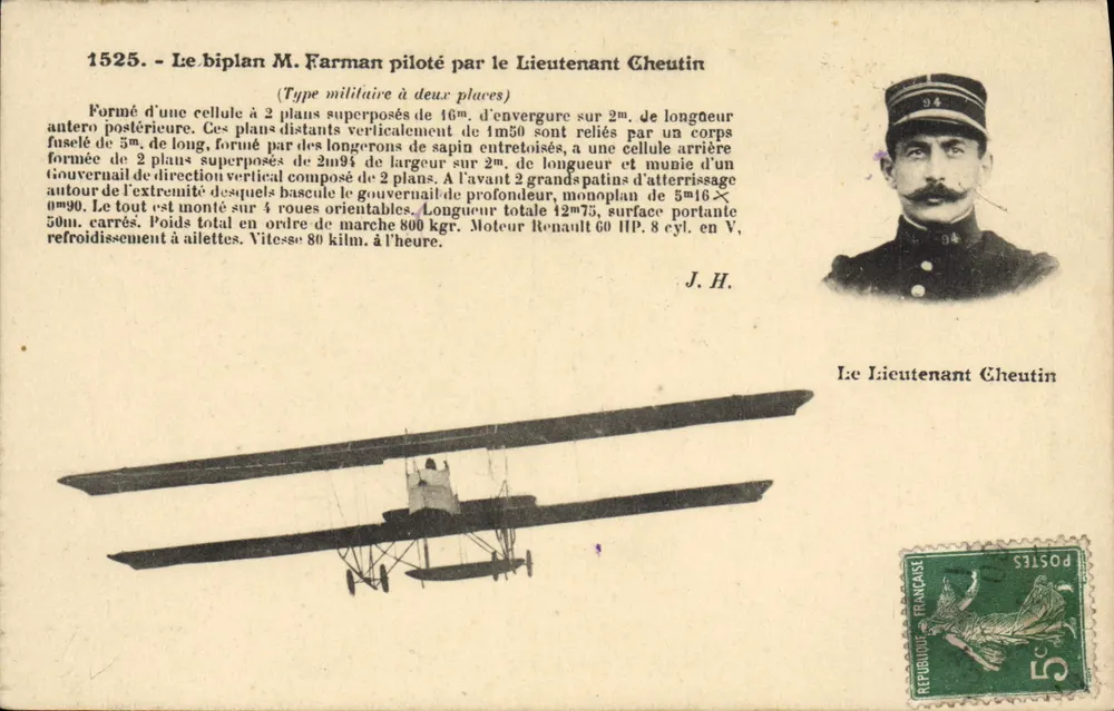 Der M. Farman-Doppeldecker, geflogen vom Lieutenant Cheutin — Militärtyp mit zwei Sitzen — J. Hauser, phot.-edit., Paris - Vorderseite