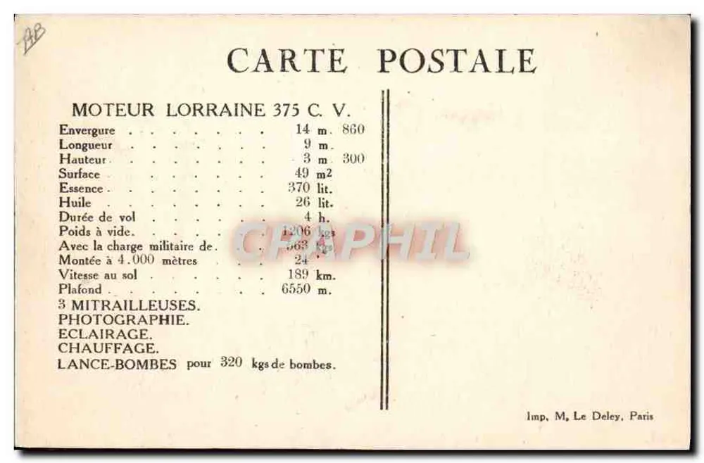 Breguet-Flugzeug des Armee-Korps, Typ XIV A2 — Motor Lorraine — Druck von M. Le Deley, Paris - Rückseite