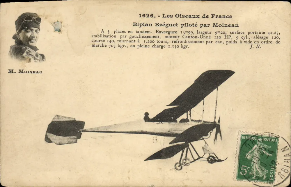 Les Oiseaux de France — Biplan Bréguet piloté par Moineau — éditeur J. H. - Vorderseite