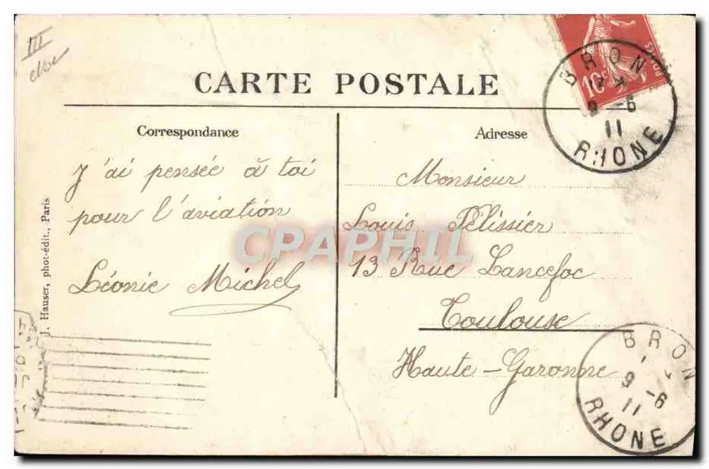 Monoplano Morane pilotado por Frey — 1490 — J. Hauser, fot.édit., París - Reverso