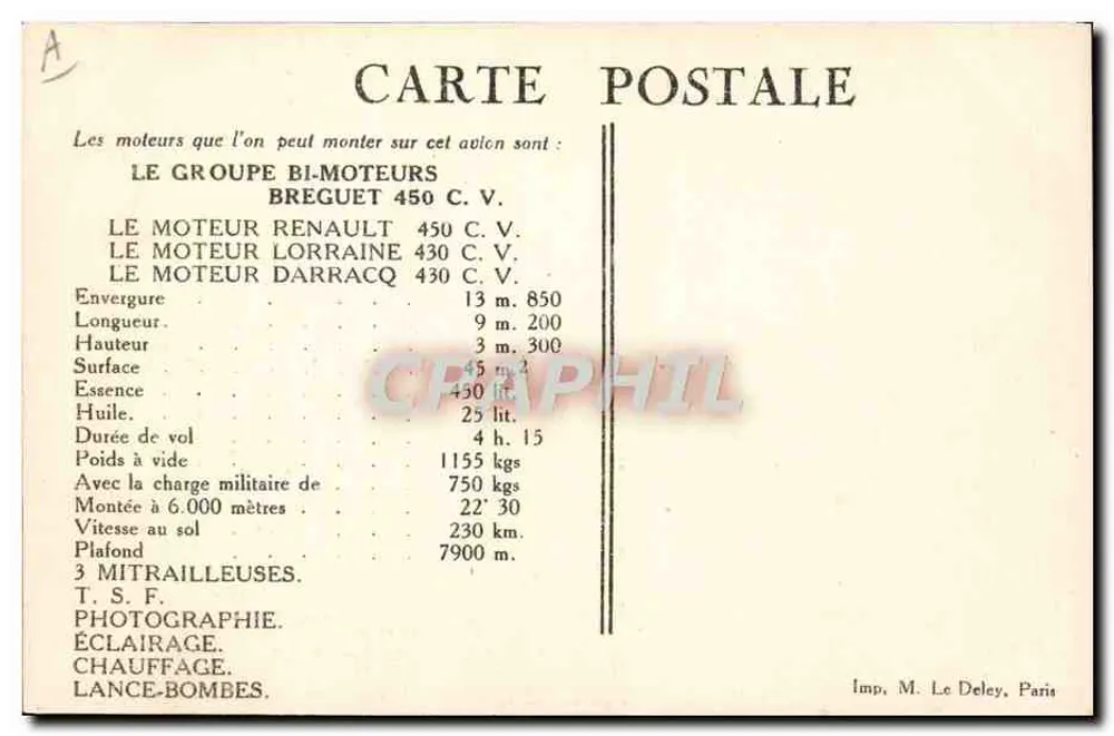 Avion Breguet-Sesquiplan de grande reconnaissance — Type XIX A2 — Imp. M. Le Deley, Paris - Rückseite