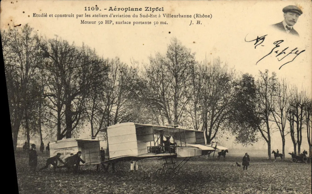 Flugzeug Zipfel — von den Südost-Flugzeugwerken in Villeurbanne (Rhône) entwickelt und gebaut — J. H. — J. Blane, Lyon - Vorderseite
