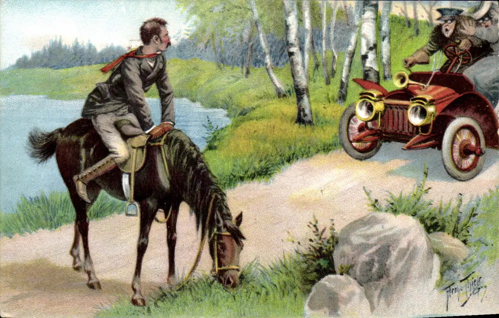 Cavaleiro e condutor de carro — encontro na floresta — série 1140/2, editor T. J. Lipp - Frente