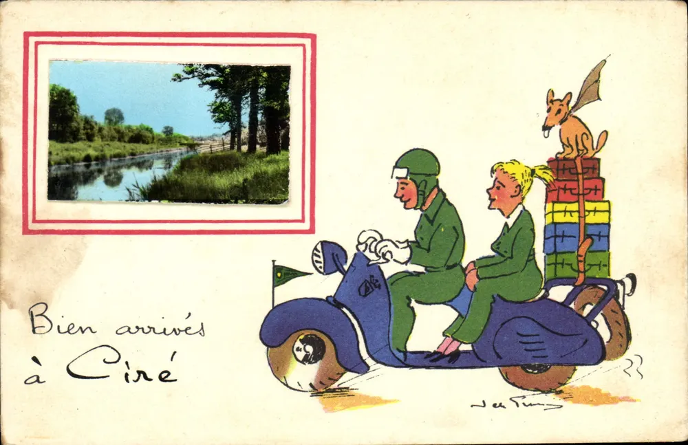 Ankunft in Cirey — Illustration von Motorradfahrer und Passagier mit Katze — Zeichnung von J. de Fursy - Vorderseite